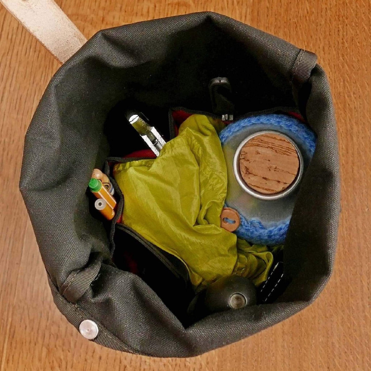 Artisan bicycle bag, black canvas handlebar bag, cycling, outdoor
