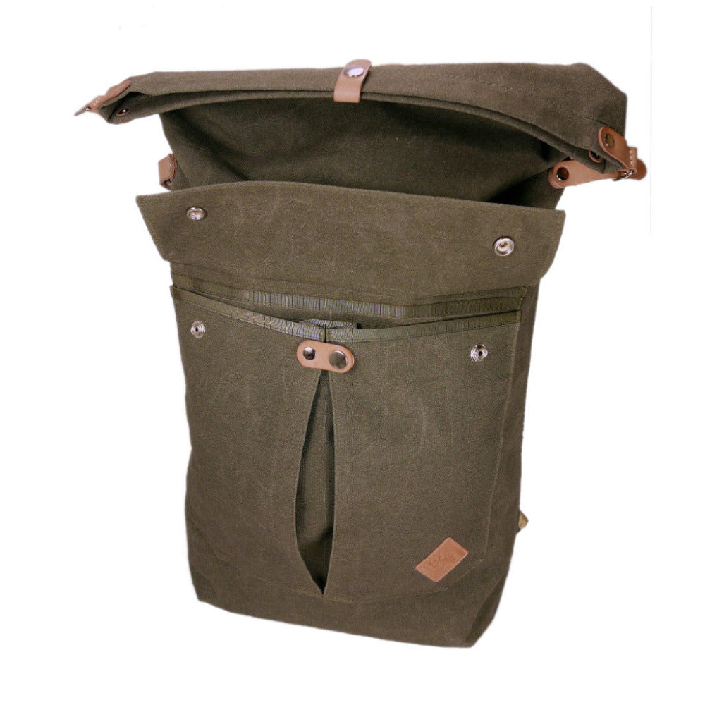 Open front pocke in the handmade canvas backpack