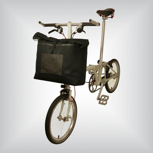 A back large canvas shopping tote designed to fit a Brompton folding bike.